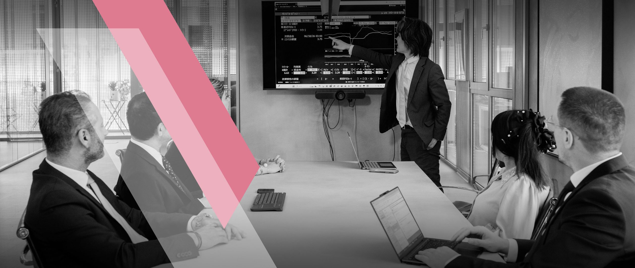 Investment team reviewing global markets in a boardroom presentation